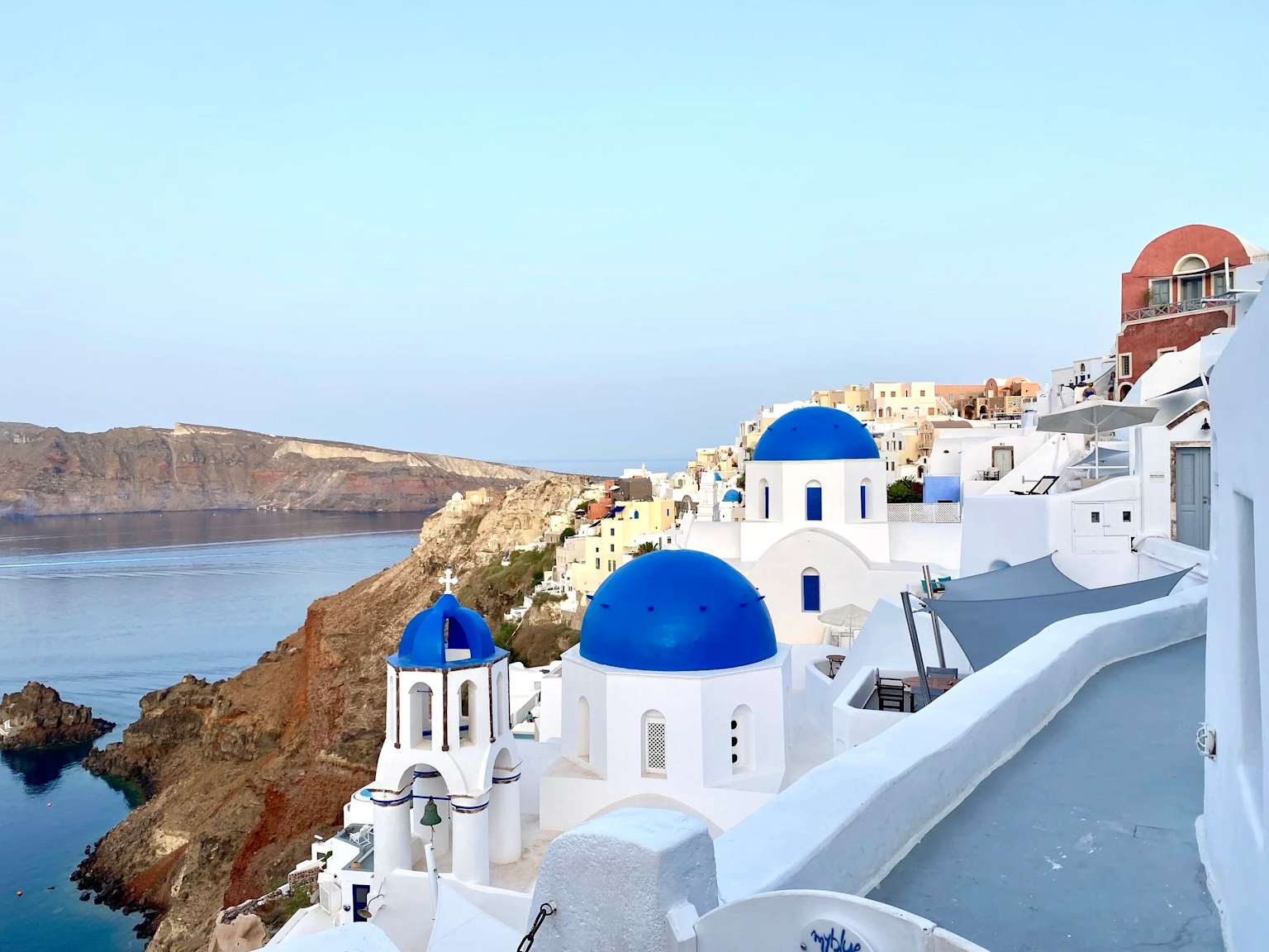 Santorini Greece blue domes and white buildings