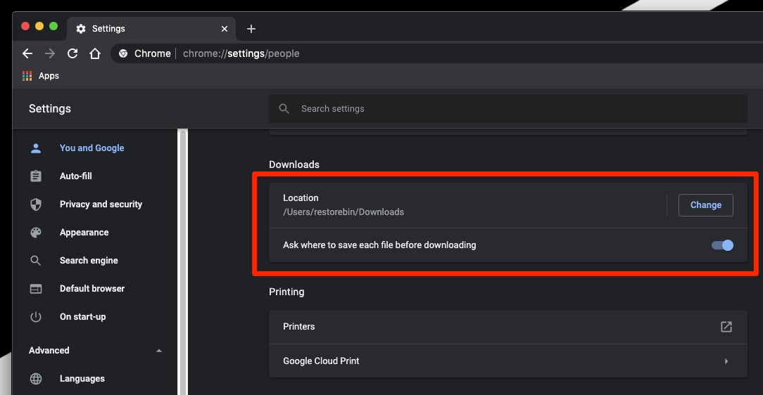 Chrome Downloads Settings